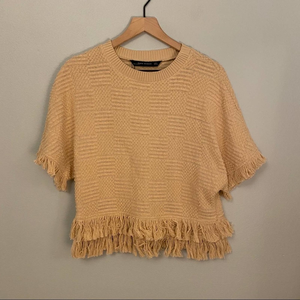 ZARA WOMAN Cream Knit Boho Tassel Top Fringe Small